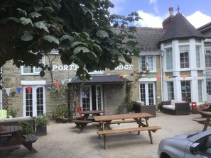 Front entrance and outdoor seating