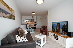 Wohnzimmer mit Schlafcouch und TV