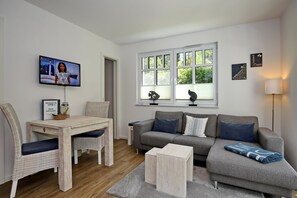 Wohnzimmer mit Schlafcouch und TV