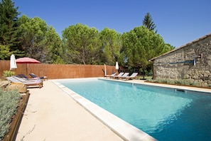 Private 11m x 5m heated secure pool, fenced, gated & alarmed