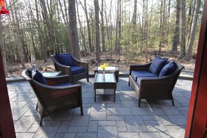 Great outdoor patio with views to Saco River. 