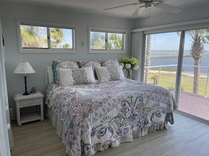 The second bedroom also has a wall of windows to the bay, deck, birds feeding