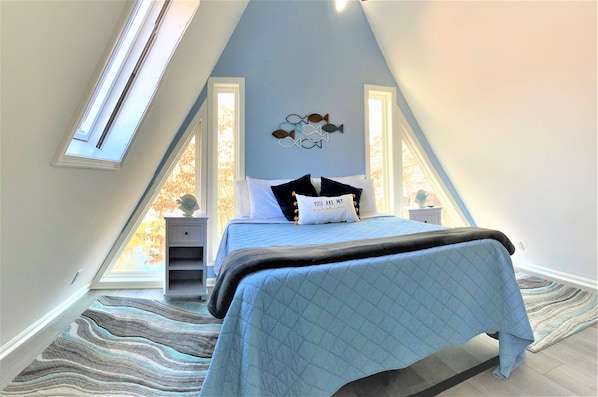 Master bedroom.  Queen bed and smart T.V. 