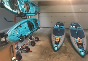 We have two kayaks and two paddleboards for your use. We also have carriers you can use to walk them down to the lake if you’d like.