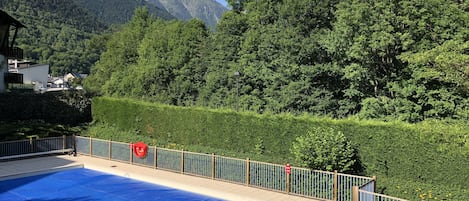 Vue de la terrasse sur la piscine et montagne 
