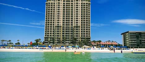 View of Grand Panama Beach Resort from a sandbar