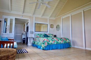 The main living area with with queen bed, futon bed, and fabulous ocean views. 