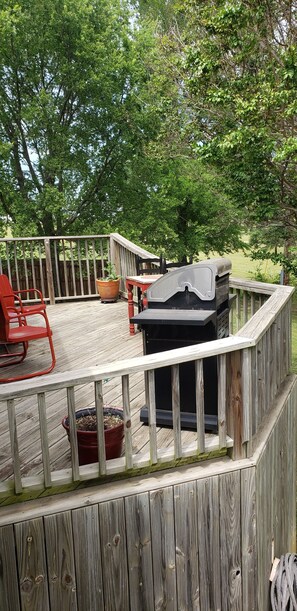 Propane grill with pond view. 