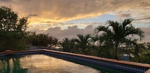 Poolside view at sunset