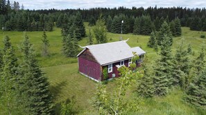 Aerial back view of Alfalfa Cabin