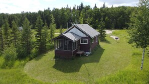 Aerial frontal view of Alfalfa Cabin