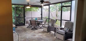 Outdoor seating near pool