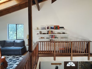 Loft area with books and a pull out couch.