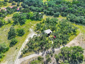 The cabin is tucked behind mature trees at the back of the property