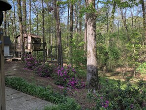 Fenced back yard with treehouse, and sandbox.