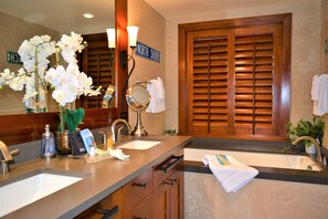 Master bathroom with deep soaking tub and double vanity