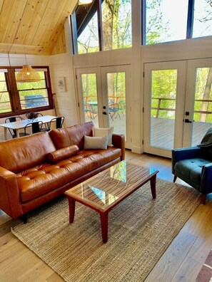 Living room with view of deck