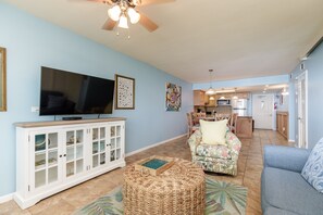 Flowing kitchen, dining, and living area
