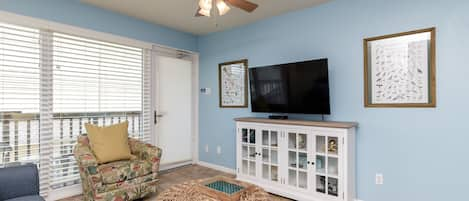 Cozy living room to relax in after a day at the beach