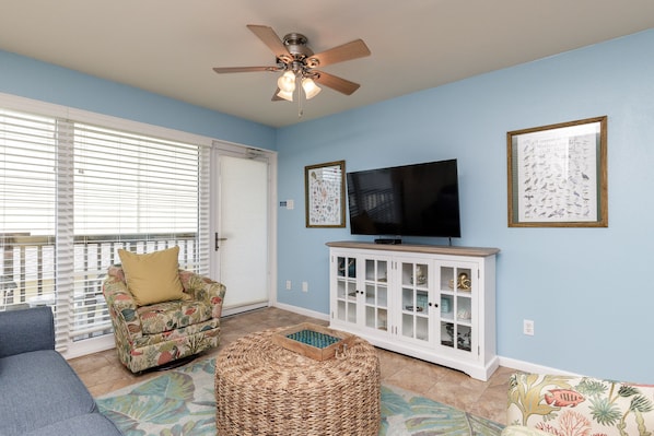 Cozy living room to relax in after a day at the beach