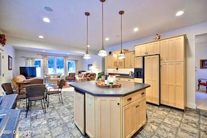 Kitchen island with view of living room 