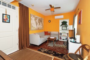Living room view from entrance. Mini-split above shelves & also central air.