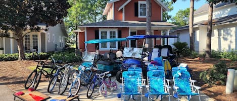 2 Golf Carts, 5 Adult & 2 Kids Bikes, 6 Beach Chairs, Assort. of Boogie Boards