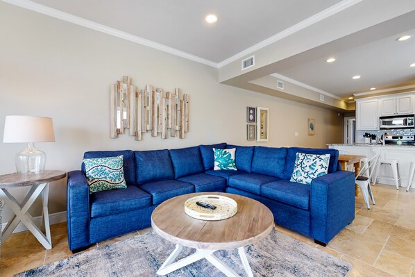 Kick back and enjoy time with friends and family in this cozy living room. 
