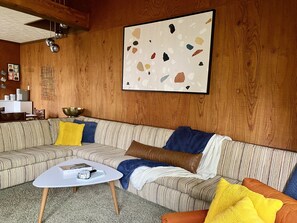Huge Living Room couch with room for your whole group. 