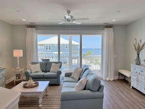 Spacious living area with modern furniture and décor