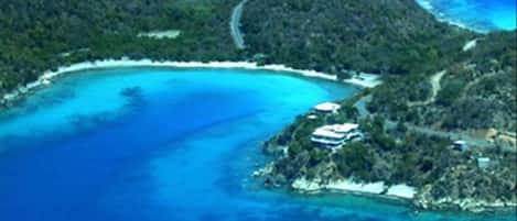 Pebble Cove, the large house on the point w/private beach. Haulover Bay to left.