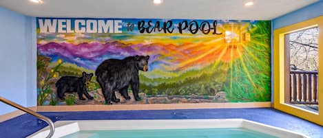 Enjoy the custom mural while swimming in the indoor pool. Always 84 degrees.