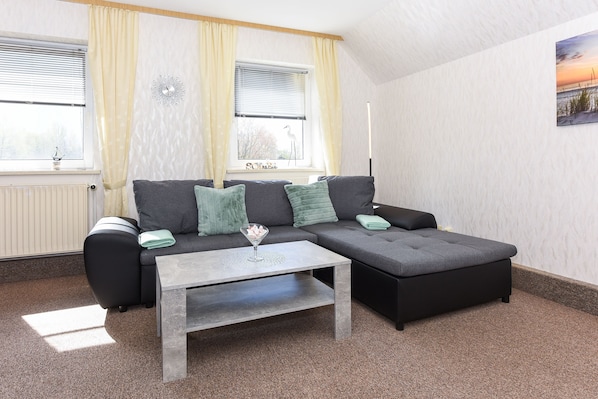 Wohnzimmer mit integriertem Küchenbereich