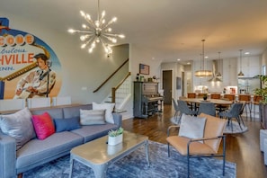 Experience Music City in this stylish vacation rental, perfect for family reunions or bachelorette parties. Enjoy the elegant dining area and plush living room—your luxury getaway awaits!