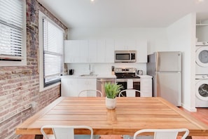 The fully equipped modern kitchen has all the basics to warm up leftovers or takeout food and even cook up a quick hearty meal- Pots, pans, salt, pepper, olive oil, and all that jazz you’ll need for your stay.v