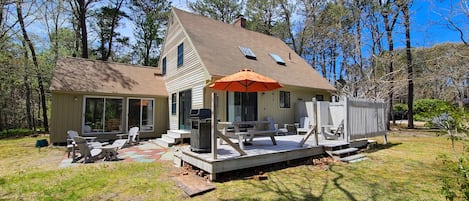 Deck with gas grill and enclosed outdoor shower