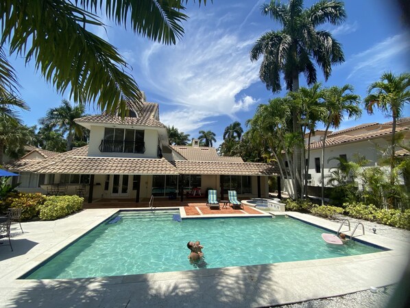 Backyard with a pool and a hot tub 