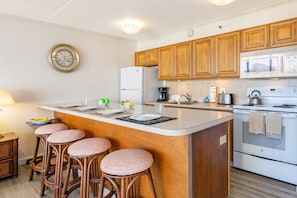 Equipped kitchen with refrigerator, stove an oven, coffee machine, toaster and more