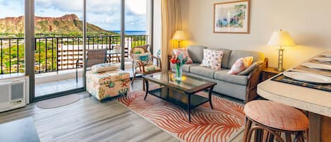 Enjoy beautiful Ocean View and Diamond Head from the living room and the balcony