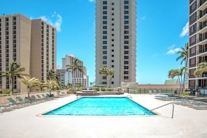 Recreation deck with a large pool and 2 hot tubs.