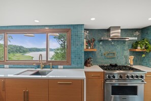 High end appliances and view from kitchen