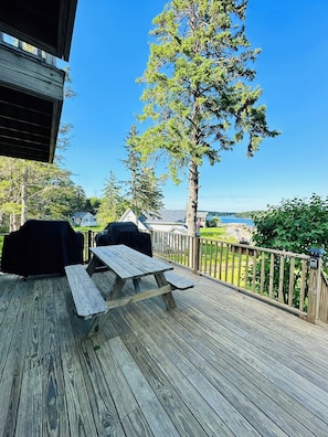 Two BBQ’s and a picnic table with ocean view available for guest use.