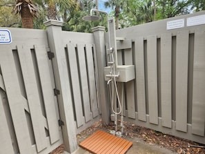 new outdoor shower in service yard, perfect for rinsing off you and your pet 