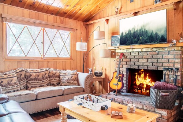 Enjoy Karaoke and singing around the wood-burning fireplace.