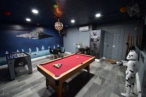 Star Wars Game Room features pool table, foosball, and a custom holochess table