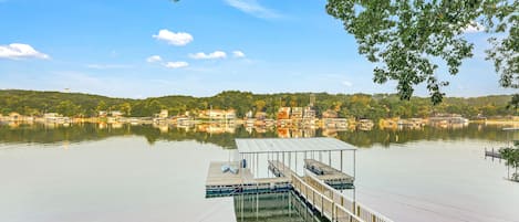 Large swim deck and spacious swim area on both sides of the dock. 