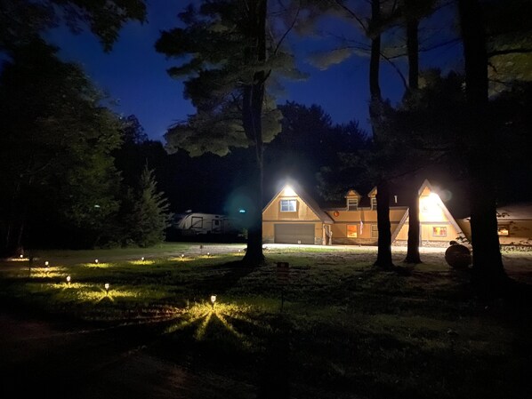 View from road at night.