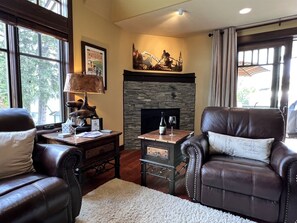 Cozy seating with gas fireplace.