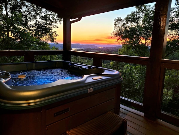 Watching the sunset while in the hot tub is something you will never forget.