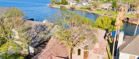 Aerial view of lakeside accommodations